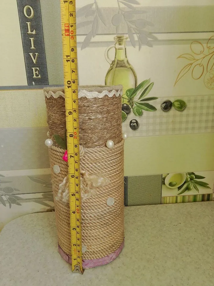 Handmade Tall Jute Rope Vase - Eco-Friendly Rustic Decor with Decorative Braid, Buttons, and Beads