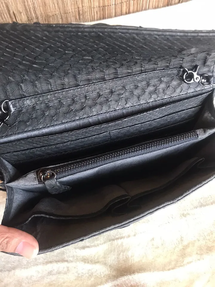 Genuine python skin classy flat clutch with shoulder chain | elegant evening women purse | designer leather bags | small shoulder snake bag