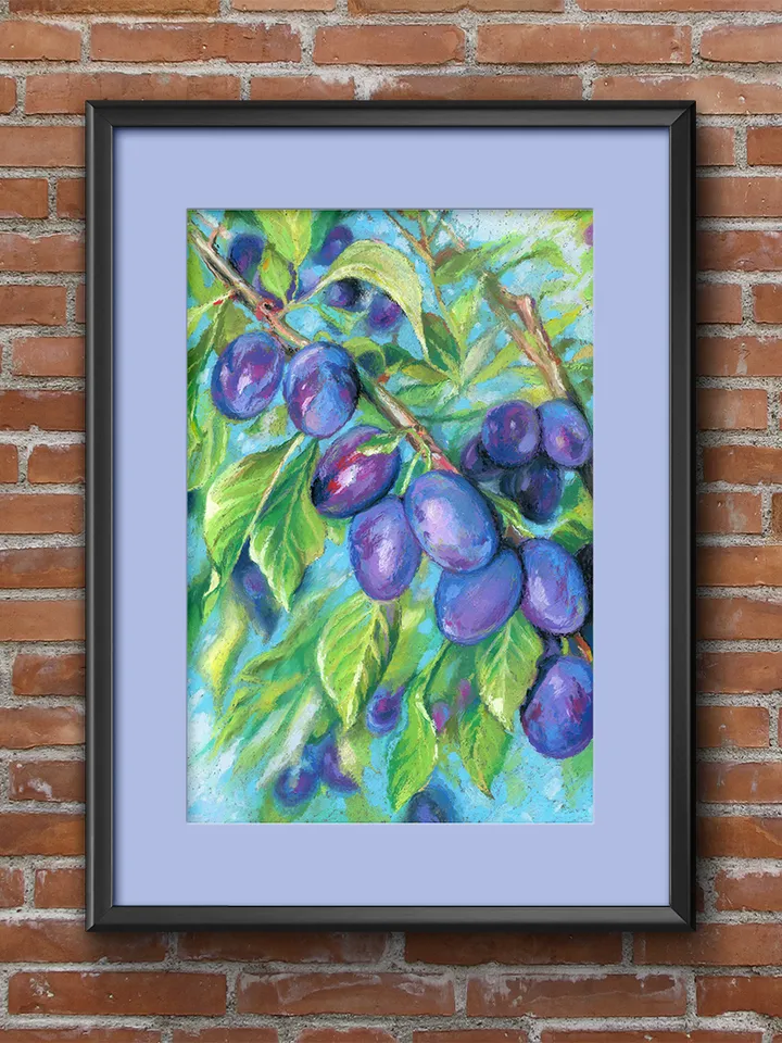 Plums Fruit on a branch Oil pastel drawing on kraft paper.