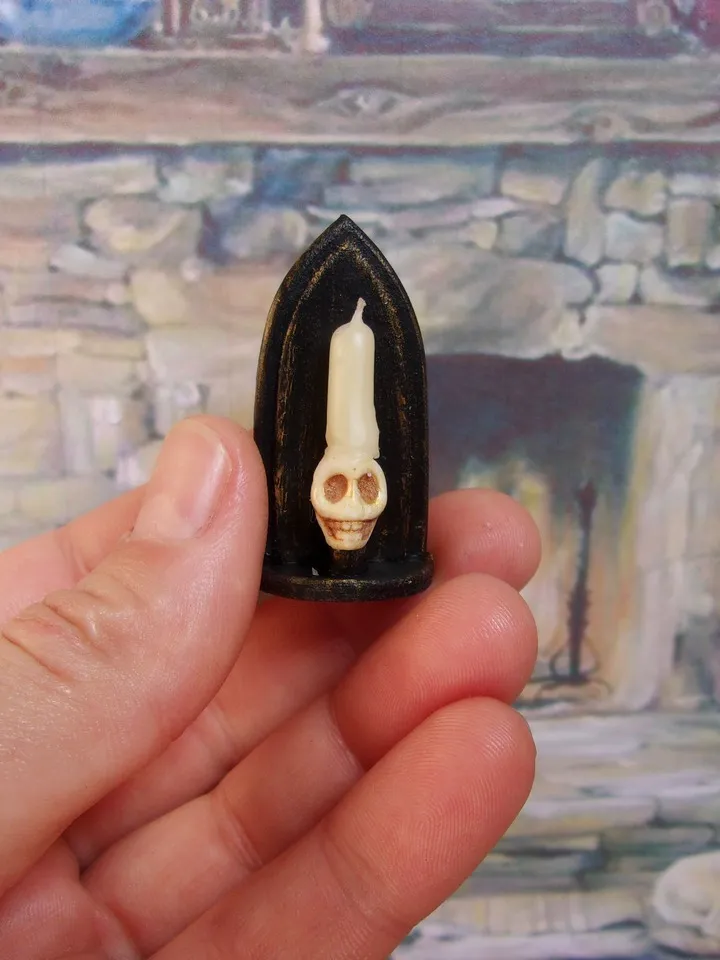 Gothic candlesticks for stylized dollhouse. 1:12. Dollhouse miniature. handmade. Candlesticks with skulls.