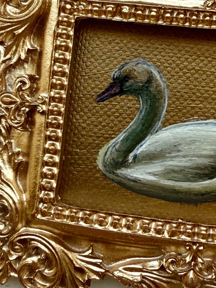 Framed Swan Oil Painting Original White Swan Art Bird Painting Gold Frame Dark Academia