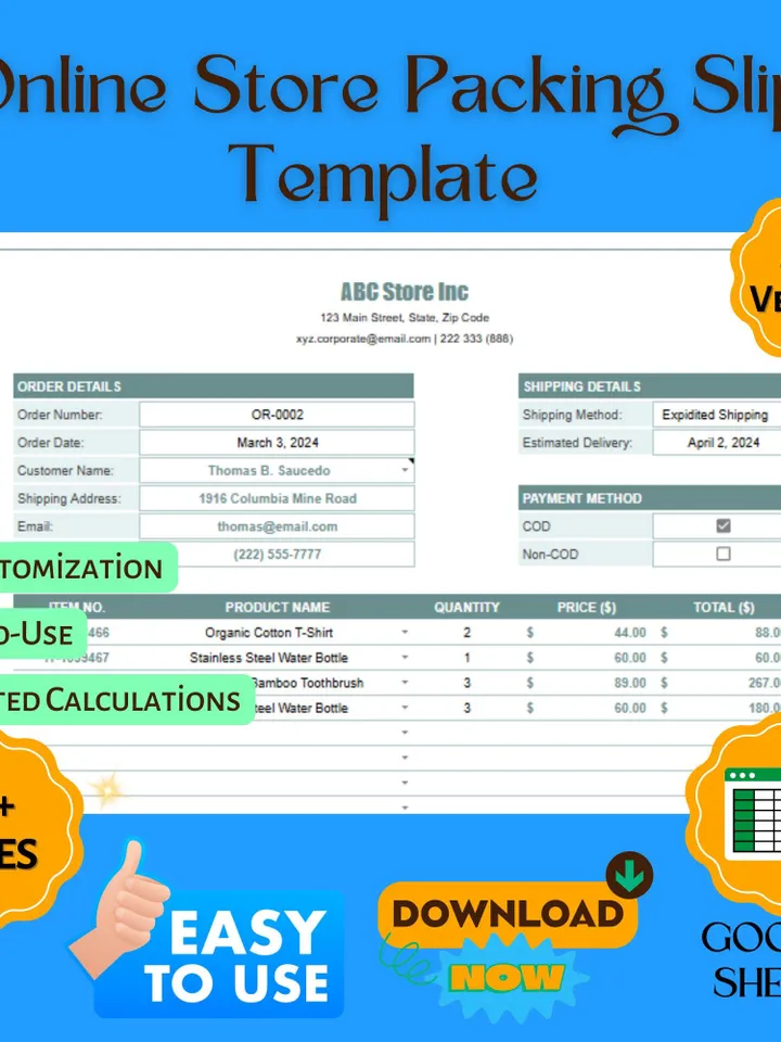 Online Store Packing Slip Template, Printable Shipping Invoice, Order Packing List, Google Sheets Template for E-commerce
