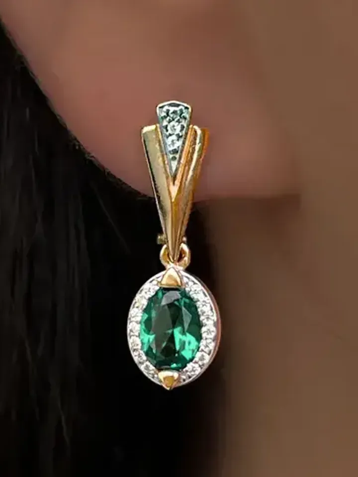 Earrings silver 925, gold plated with emerald and cubic zirconia