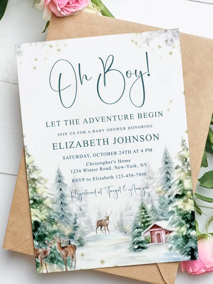 Winter baby shower invitation boy, Oh Boy baby shower invitation, Winter wonderland baby shower, Christmas baby shower - i129