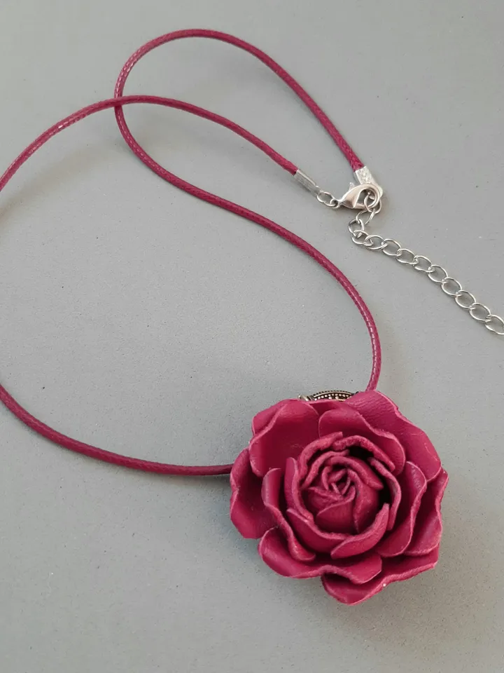 Bordo leather rose pendant 3rd anniversary gift for wife, Leather women's jewelry