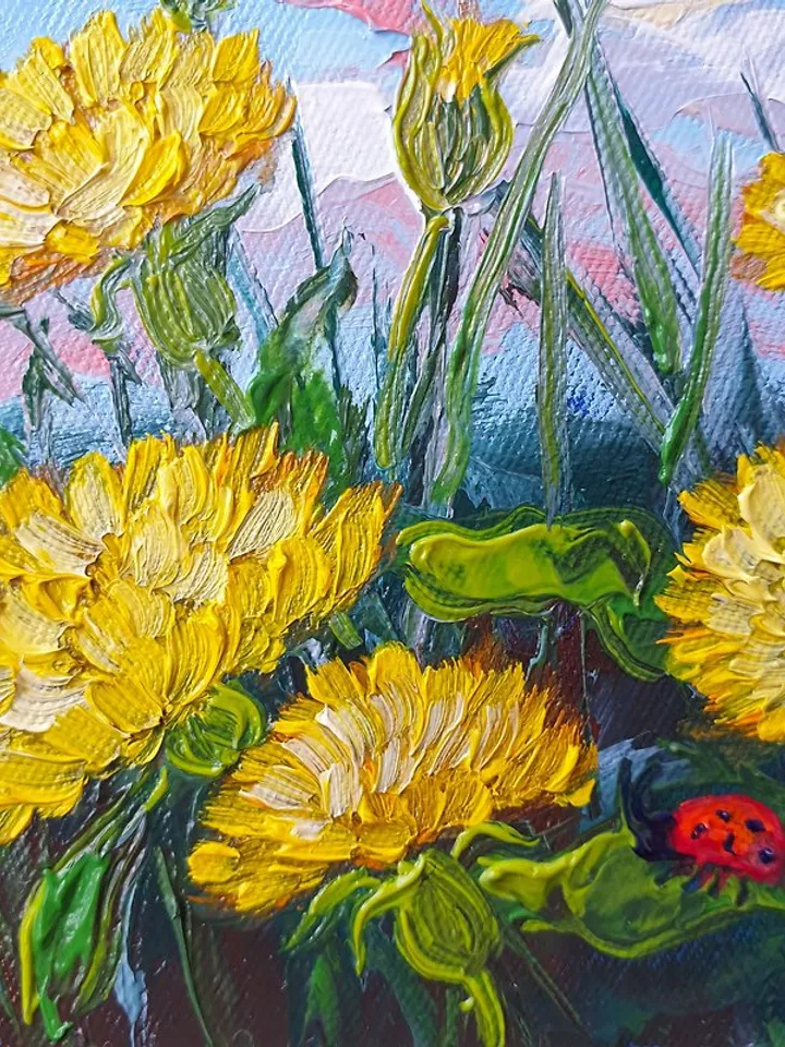 Dandelions Painting Ladybug Original Art Wildflower Wall Art Small Oil Painting