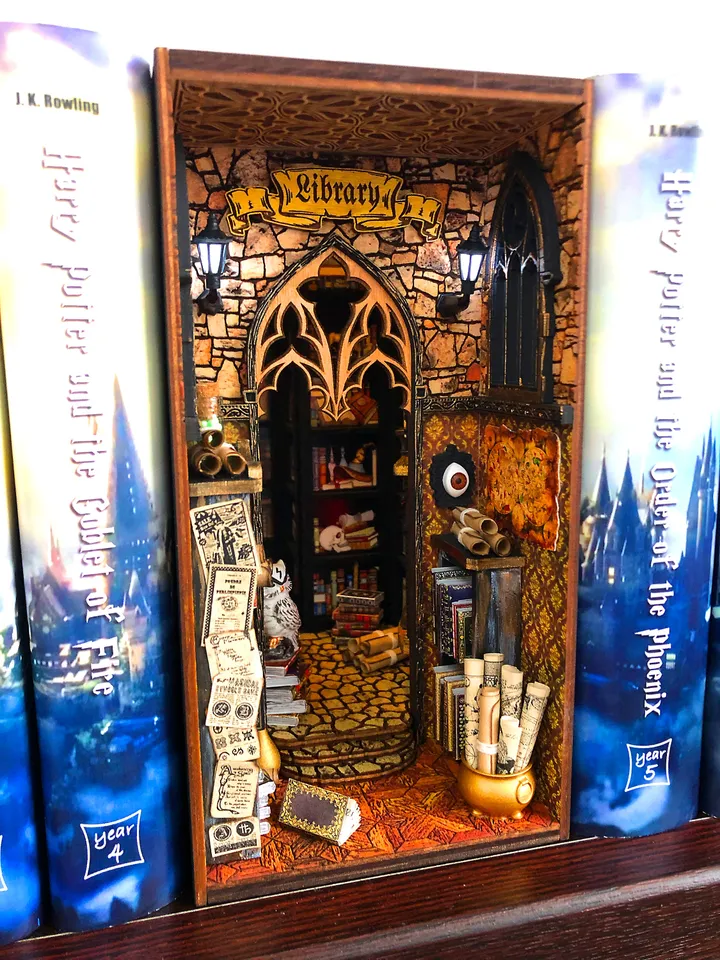 Book nook library Diorama Bookshelf Insert Dark Academia booknook, Wizard library, bookshelf insert, Magic light, Secret library