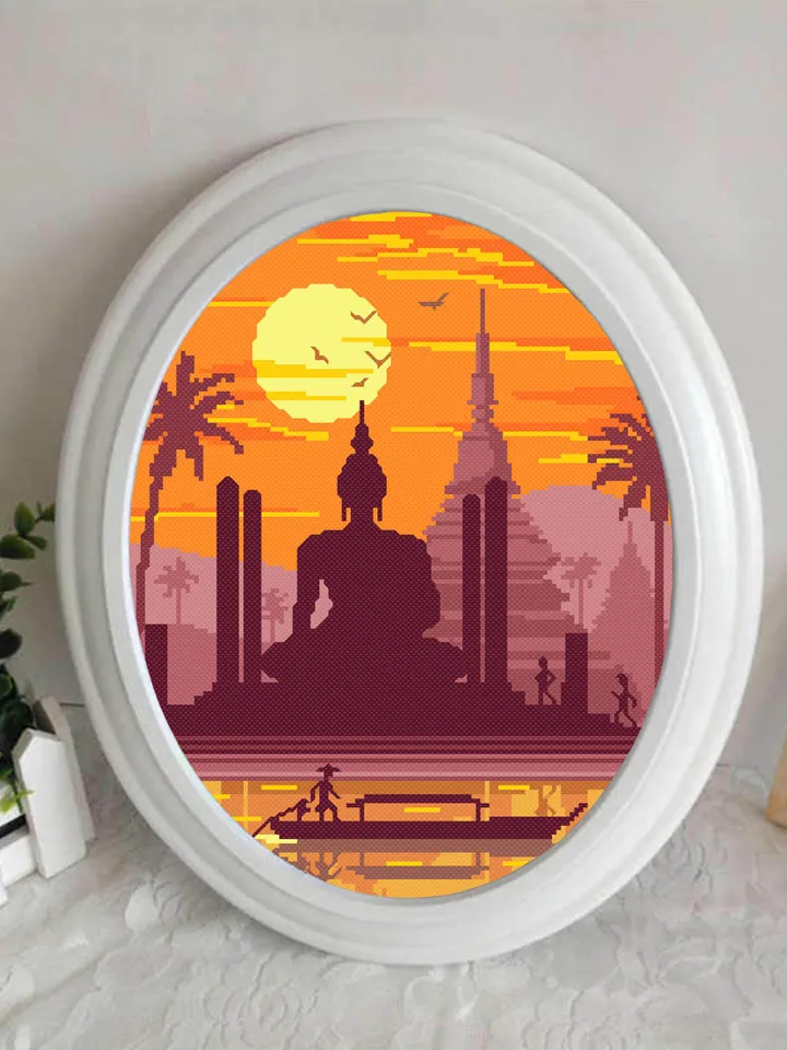 Thailand Buddha statue cross stitch pattern download PDF Nature landscape embroidery Sunset cross stitch Buddha painting stitch chart #L6