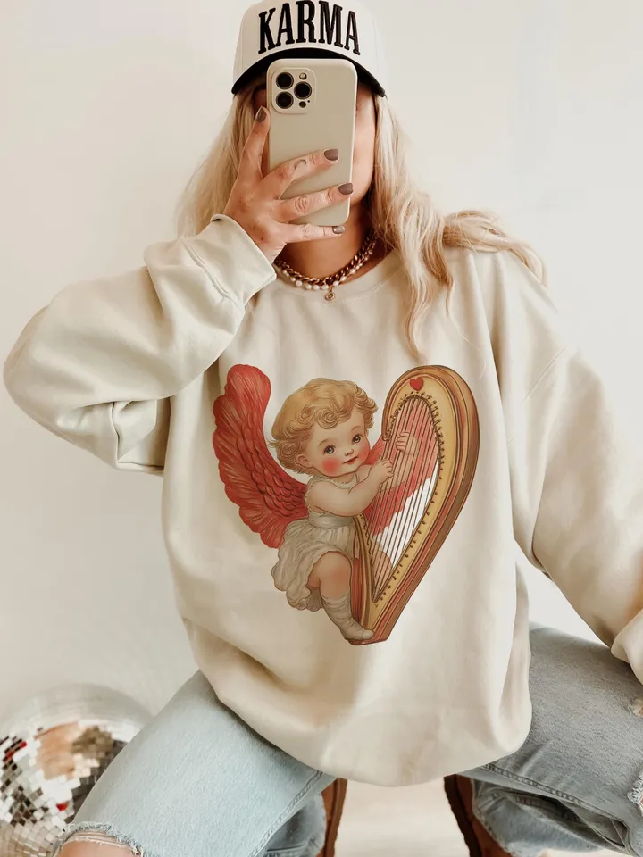 Retro Romantik Cupid Valentines Day PNG, Vintage Valentines Day png, Vintage Cupid With Harp png, Valentines Day png, Cupid png, vday shirt