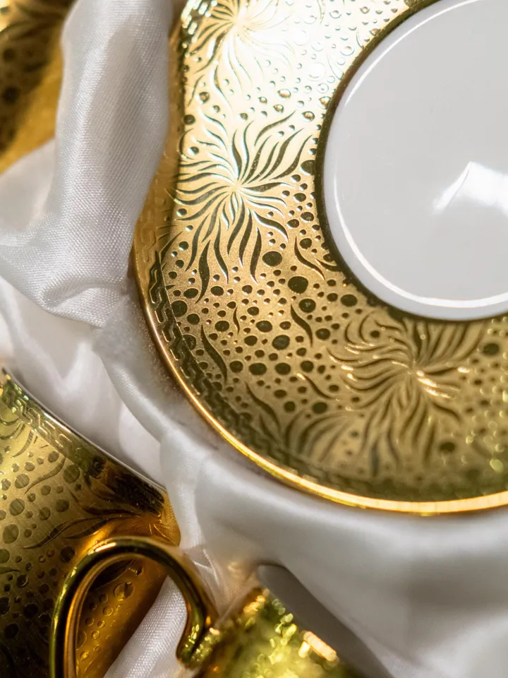 Gold Colour Porcelain Tea Cups and Saucers | Tea Cups Saucers Set | Porcelain Set | Elegant Teaware | Gift For Tea Lovers, Gift For Her