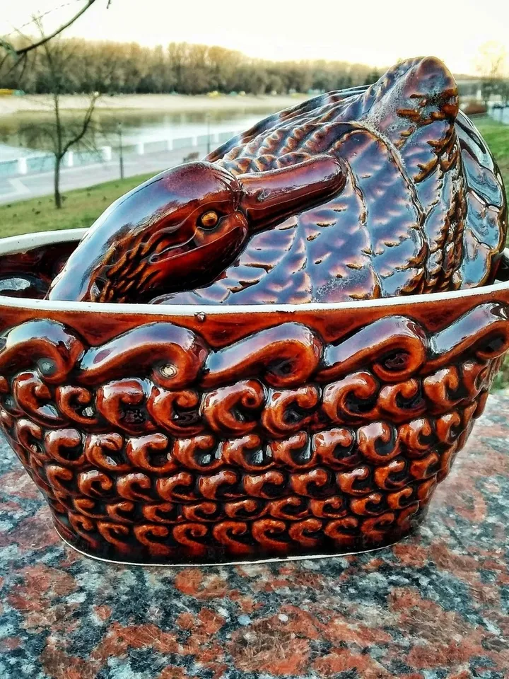 Ceramic pottery casserole Casserole with lid and handles carved pattern Handmade