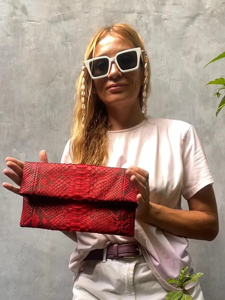 Genuine Python Skin Envelope Red Clutch | Exotic Leather Bags | Small Classy Handmade Clutch | Flat women Elegant Evening Clutch| Snake Bag