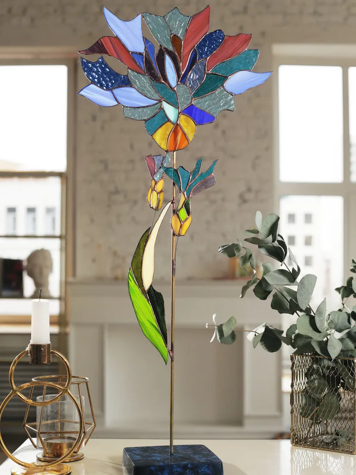 Cornflower on a Brass and Cast Stone Stand, Stained Glass Wildflower, Glass Cornflower Art, Tiffany Style Cornflower, Decorative Field Flower, Cornflower on a Stand, Handmade Glass Flower