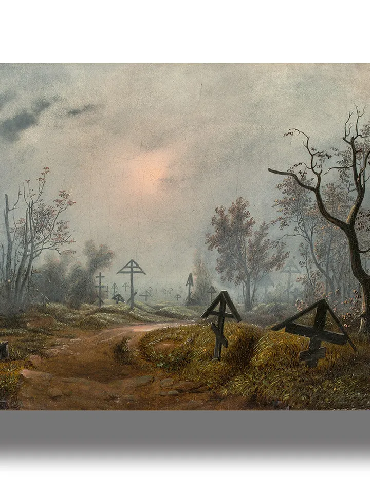 Fog over the Russian cemetery.