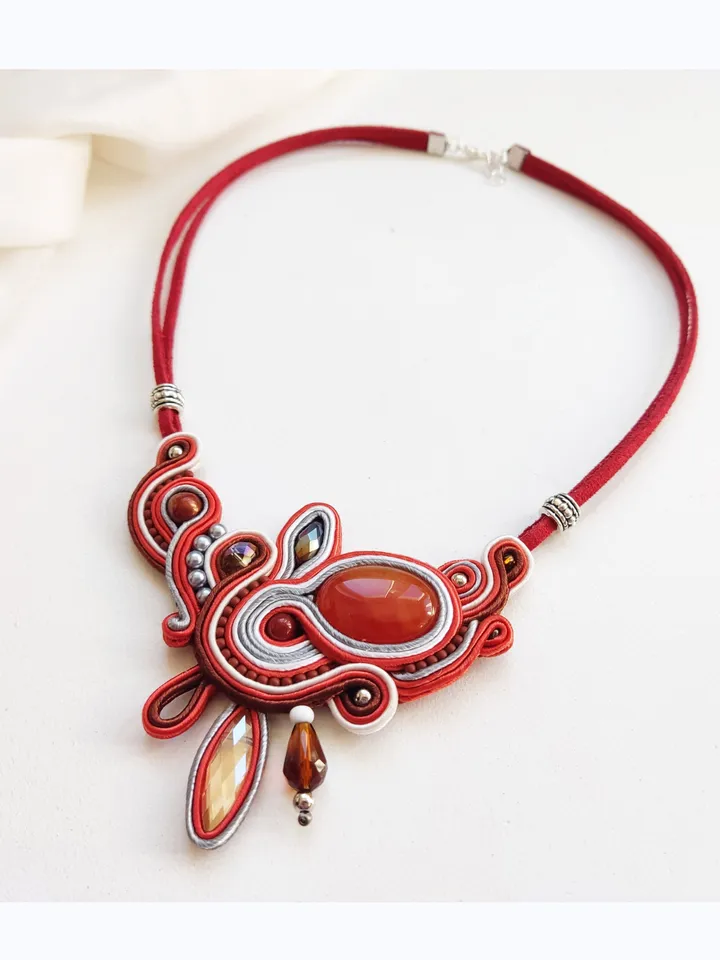 Red Statement Necklace with Carnelian Stone, Soutache embroidered necklace with natural stone