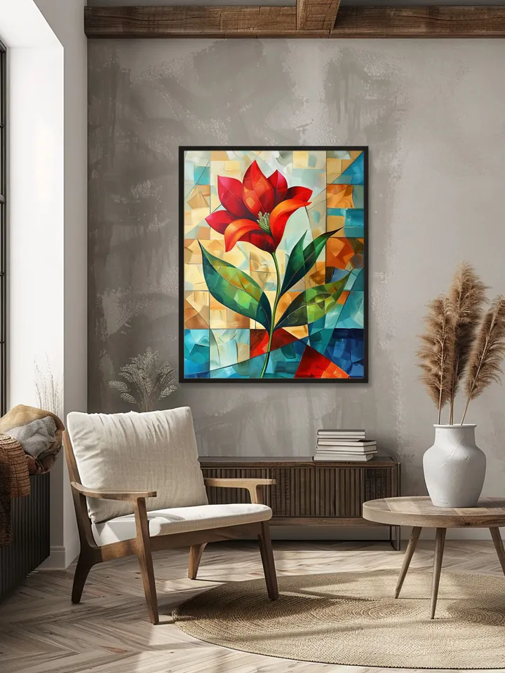 Digital Art Print Red Flower Abstractionism Cubism Mid Century , Modern Wall Art Decor, Prints, Instant Download