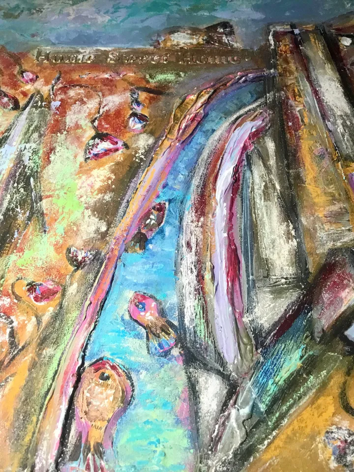 Fish town,original acrylic mix media fantasy painting ,collage wall art,fantasy town painting on cardboard,wall decoration.