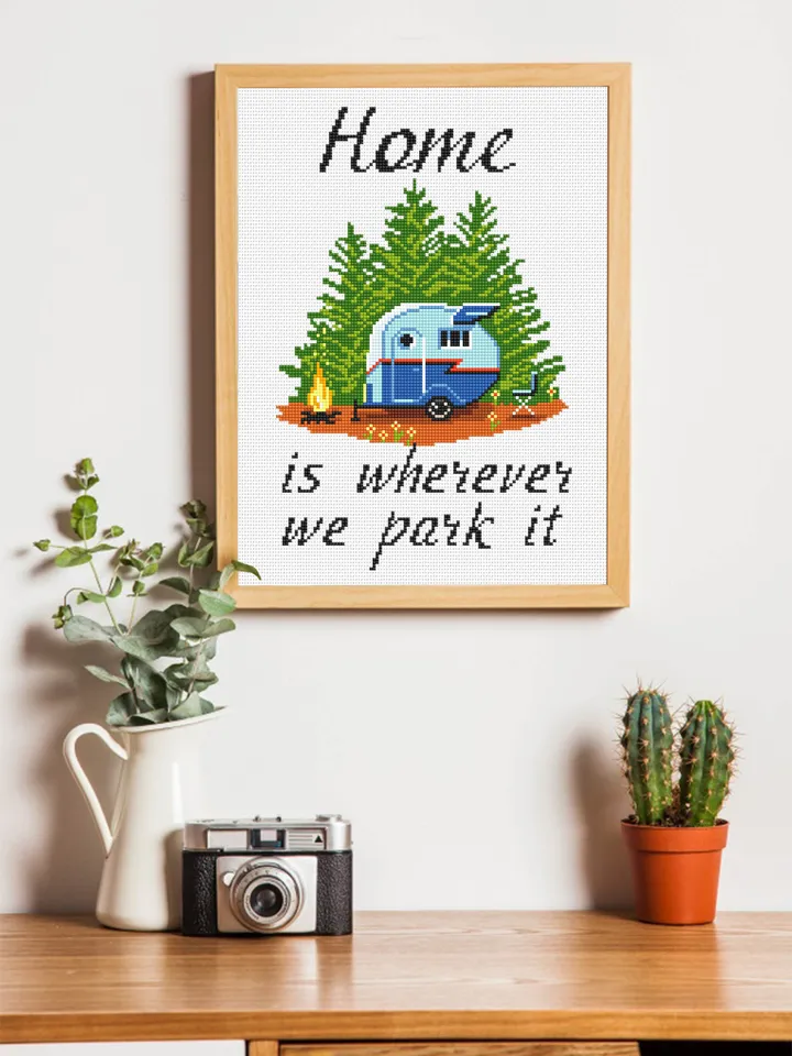 Camping cross stitch pattern PDF download Home is wherever we park it, Travel cross stitch chart, Camping pattern digital PDF #Q63