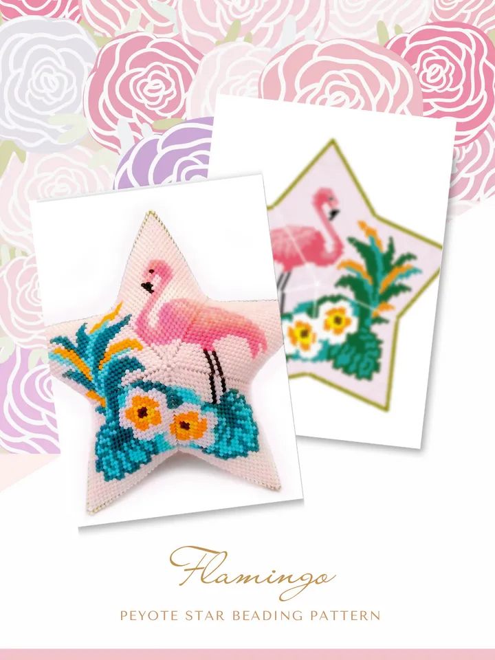 3D Peyote Star, Flamingo Beading Pattern, Seed Bead Bird Ornaments