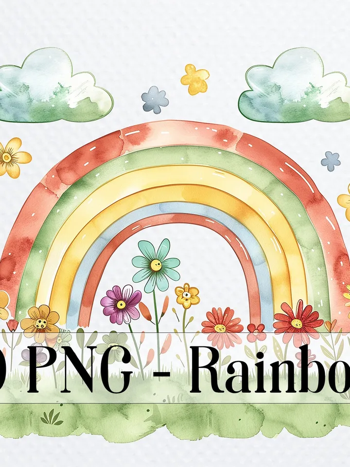 12 PNG Rainbows with Flowers Bundle, Nursery Watercolor Rainbow, Cute Rainbow clipart for sublimation, Digital download, Paper craft