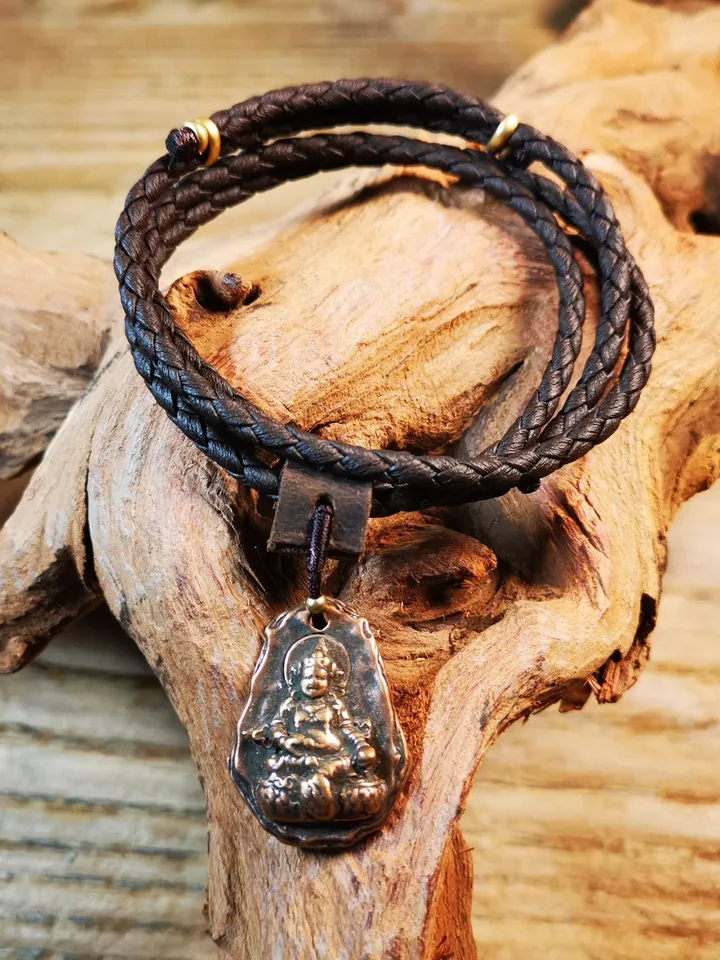 Gandhanra Handmade Amulet,Yellow Jambhala Pendant with Leather Necklace,Made of Brass