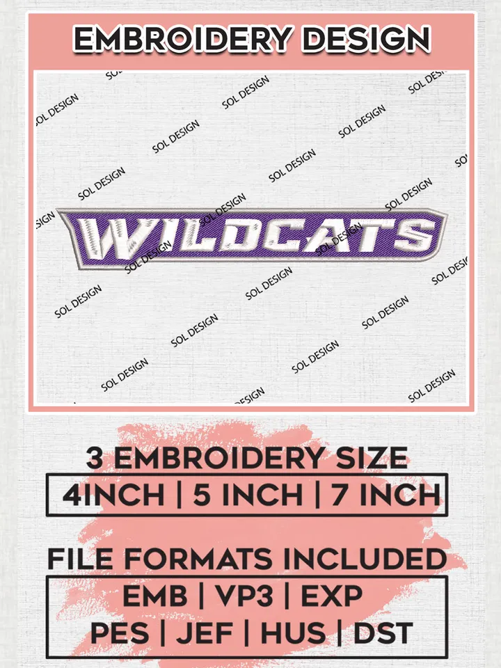NCAA Wildcats Football Team Word Logo Embroidery Design Files, NCAA Abilene Christian Wildcats Machine Embroidery, NCAA Teams, Game Day, 3 sizes, NCAA Machine embroidery designs, Digital Download