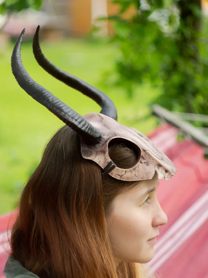 Ram Skull Helmet with Horns, tribal headpiece, skull helmet, Viking skull Mask