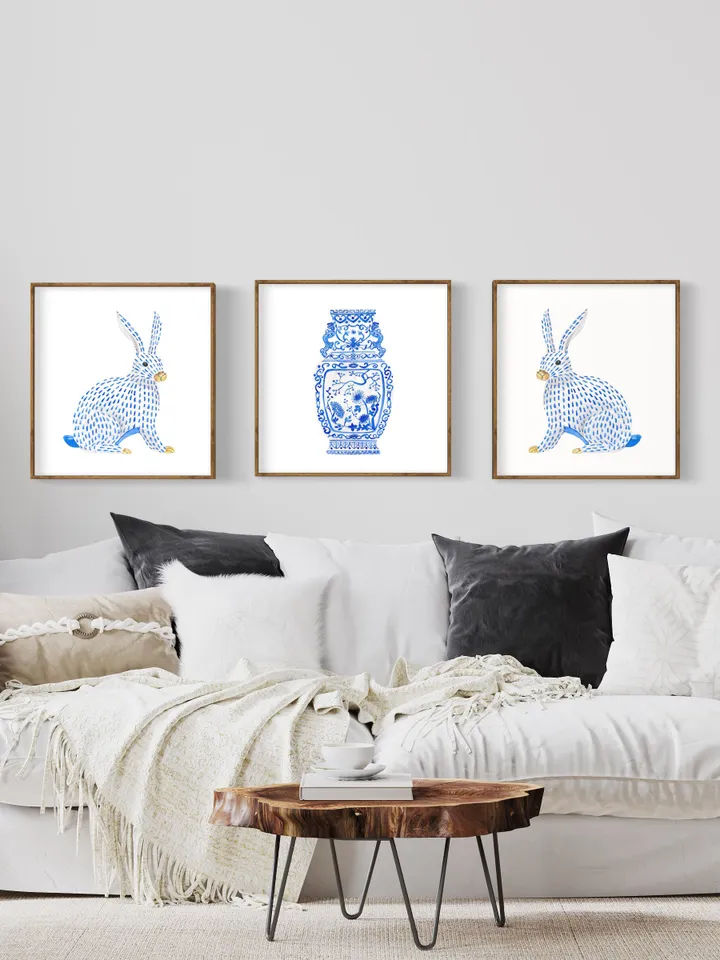 Blue And White Ginger Jar Vase Set Of 3  Watercolor Rabbit Asian Art Gift For Her Chinese Porcelain Vase Prints Classic  Porcelain Art Print