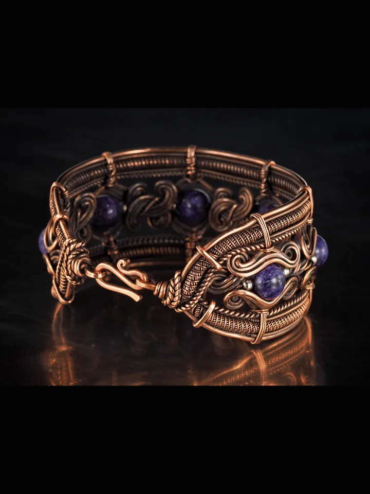 Copper wire wrapped bracelet with charoite for lady Antique style WireWrapArt