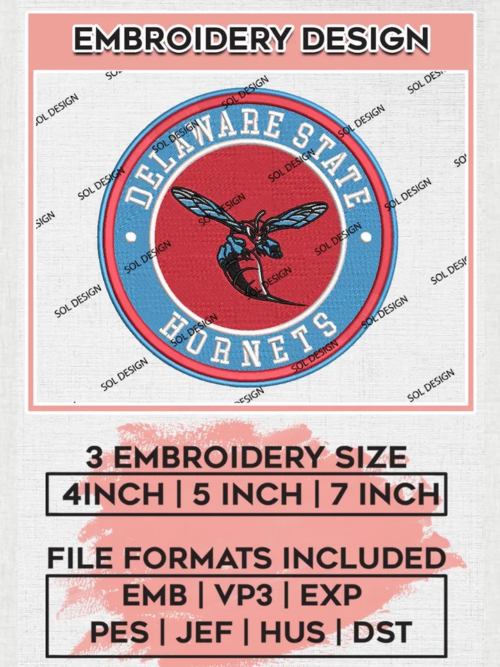 NCAA Delaware State Hornets Round Logo Embroidery, NCAA Delaware State Hornets Team Logo Embroidery files, NCAA Teams, Machine embroidery designs, Digital Download