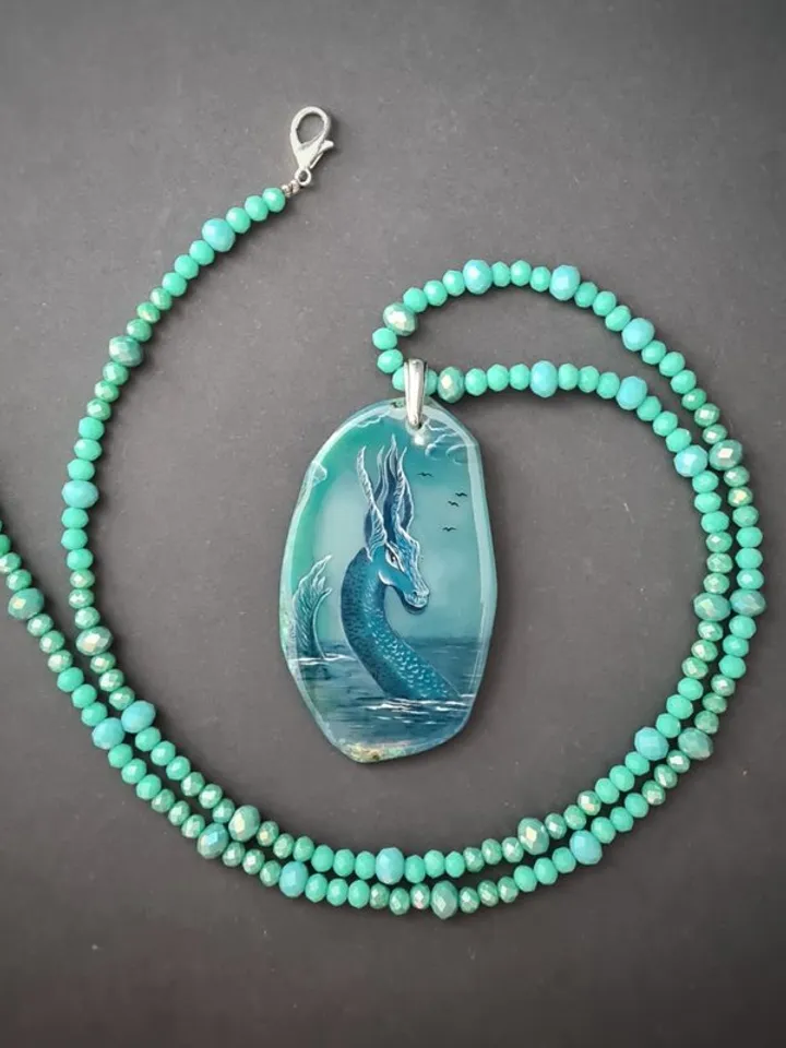 Dragon necklace Painting Dragon on Agate Stone charm Christmas Gift Wrapping