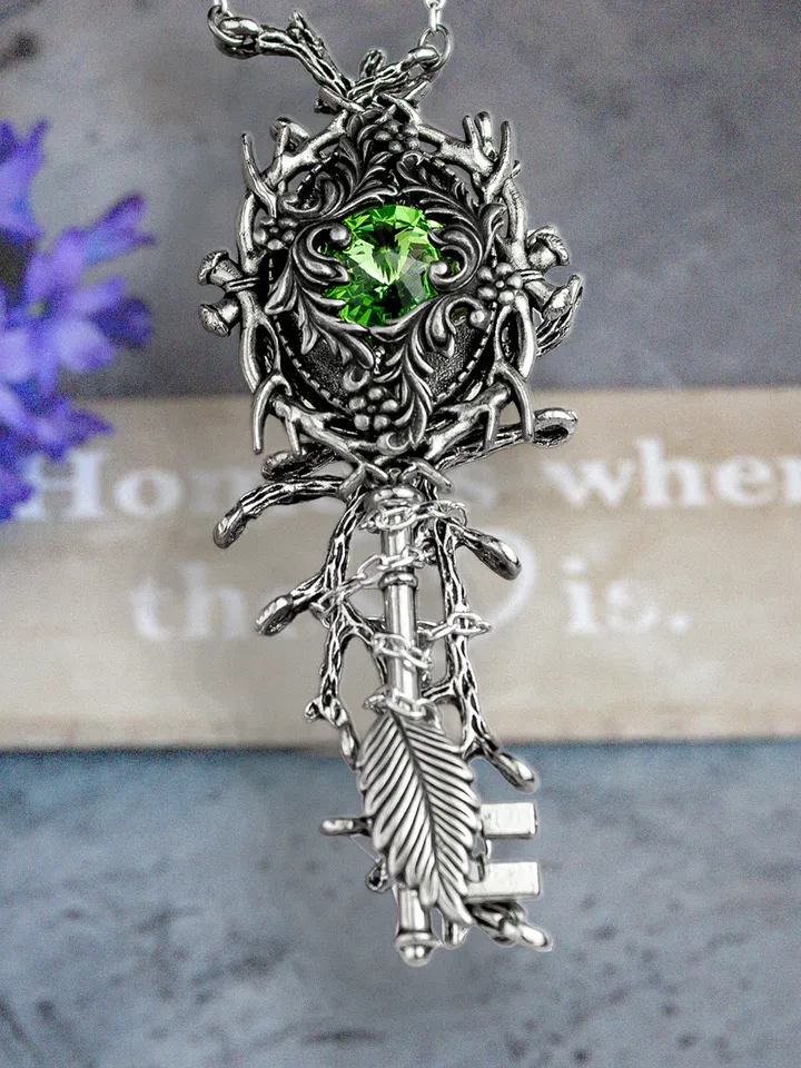 Handmade Vintage Fantasy Key Pendant with Green Swarovski Crystal โ Gothic Nature-Inspired Jewelry