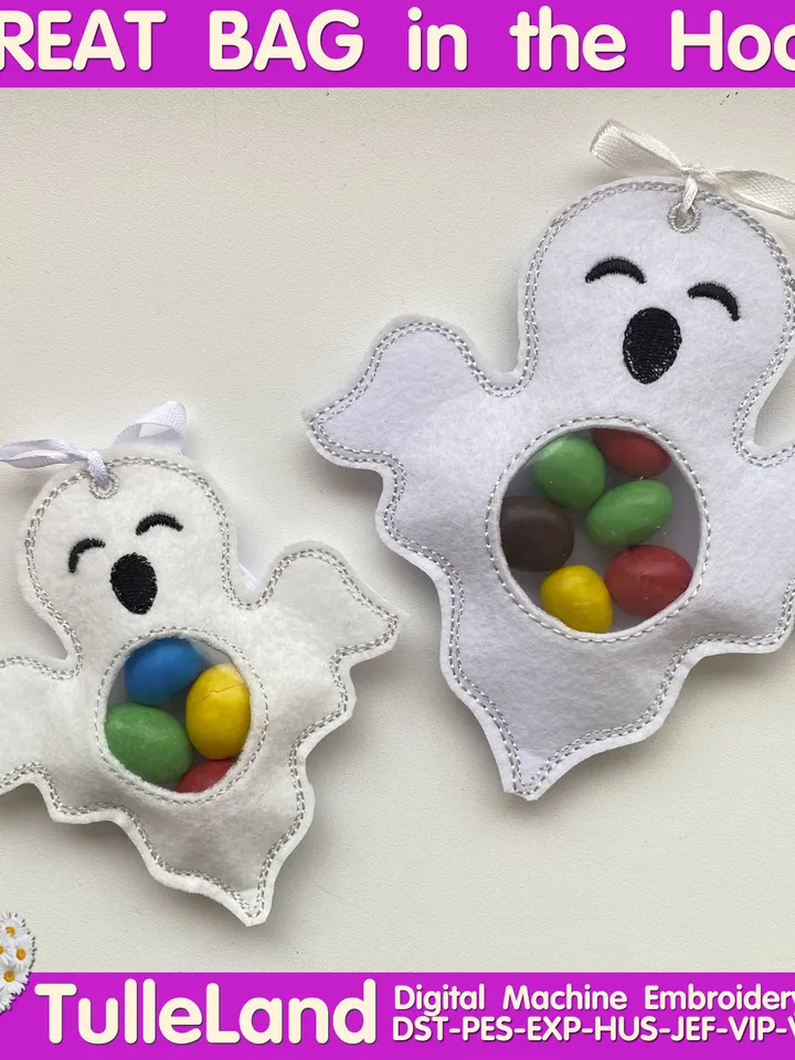In The Hoop Machine Embroidery design ITH Peekabo Bag Halloween Ghost Witch Skeleton Spooky Treat Bag ITH Pattern. Included 5 sizes!