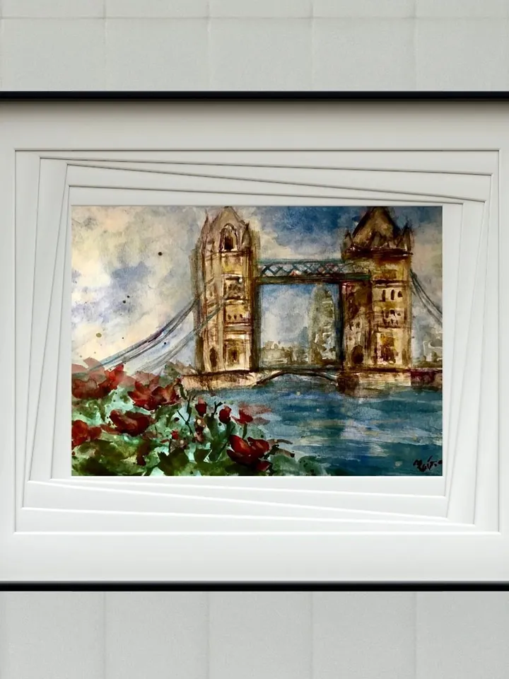 London tower bridge,original watercolour painting,London cityscape,England painting,world capitals wall art,London in flowers,home decor