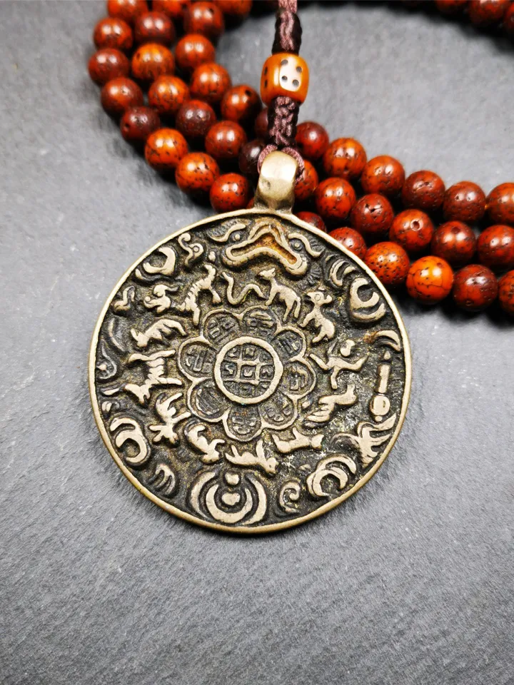 Gandhanra Antique Tibetan Buddhist Astrological Mandala,Calendar Badge,Melong Mirror,SIPAHO Amulet(srid pa ho),Made of Thokcha,60 Years Old