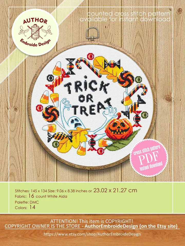 Trick or treat cross stitch pattern download PDF Halloween wreath cross stitch chart, Halloween pattern digital PDF, Candy cross stitch #H49