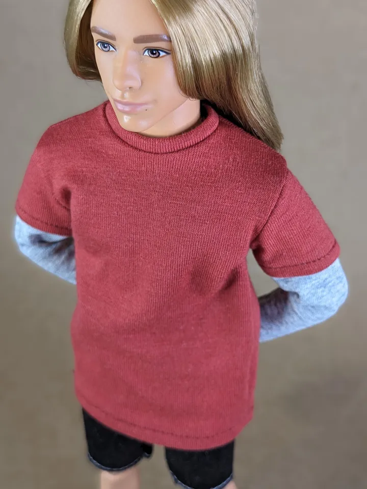 Red & gray long-sleeve T-shirt for 12-inch fashion male dolls