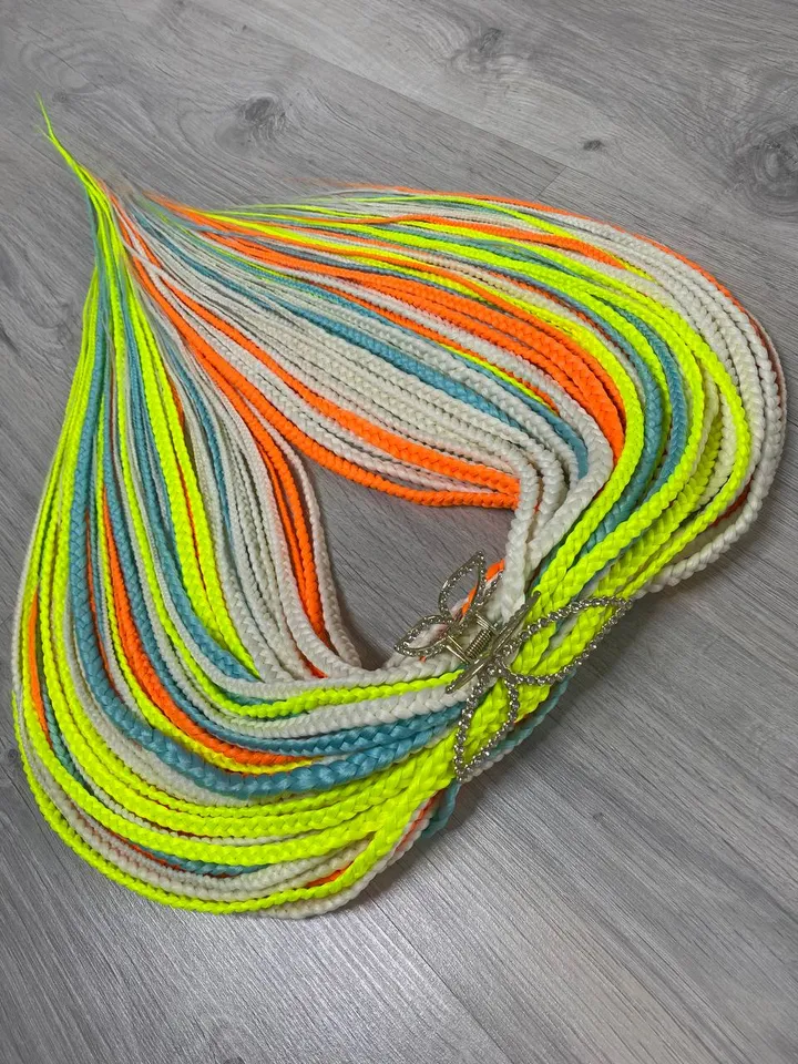 Neon Synthetic braids yellow orange unicorn dreads DE. Synthetic dreadlock extensions. Rainbow braids full set.