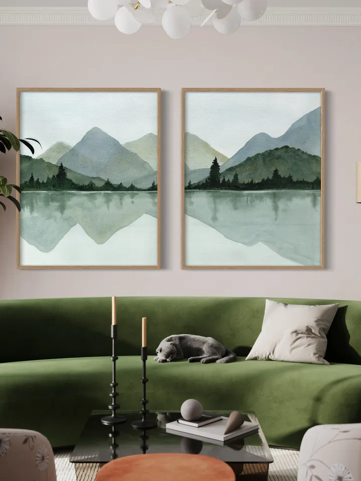 Mountain Lake Print Set Of 2, Large Lake Painting, Minimalist Wall Art, Mountain Forest Art, Living Room Decor,