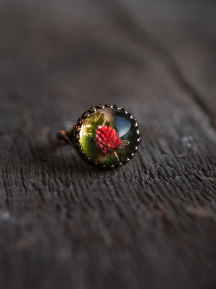Real strawberry ring. Adjustable size resin jewelry