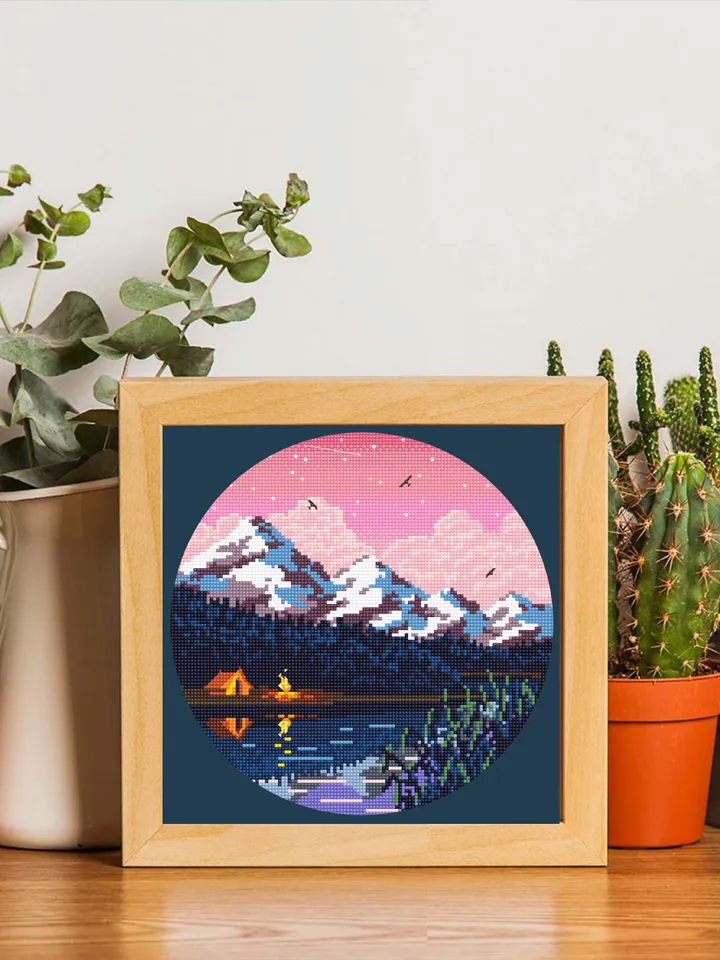 Set nature cross stitch pattern download PDF Mountain landscape cross stitch Campfire tent xstitch chart Night nature Travel home decor #S54