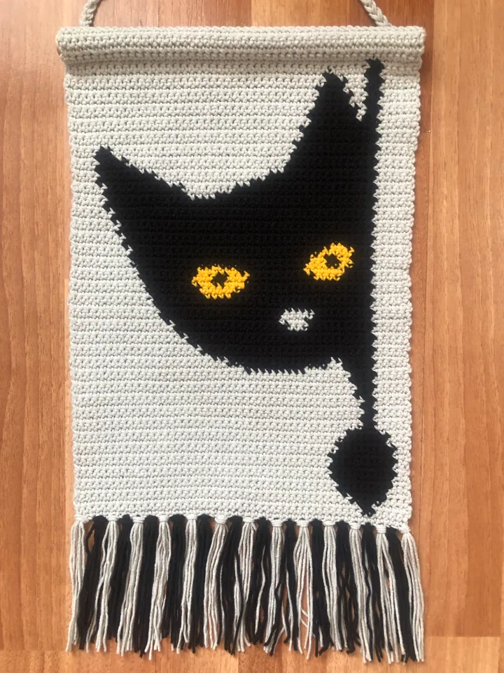 Crochet Black Cat Wall Hanging Decor Pattern PDF