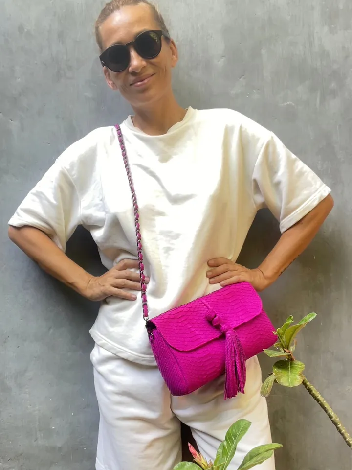 Genuine Python Skin Clutch with tassel |women purse | exotic leather bags | hot pink evening clutch | designer crossbody bag handmade