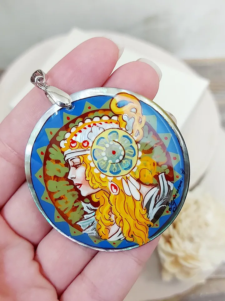 Pearl pendant necklace: The Blonde by Alphonse Mucha on dainty necklace. Charming art hand painted on shell pendant. Cute gift for friend.