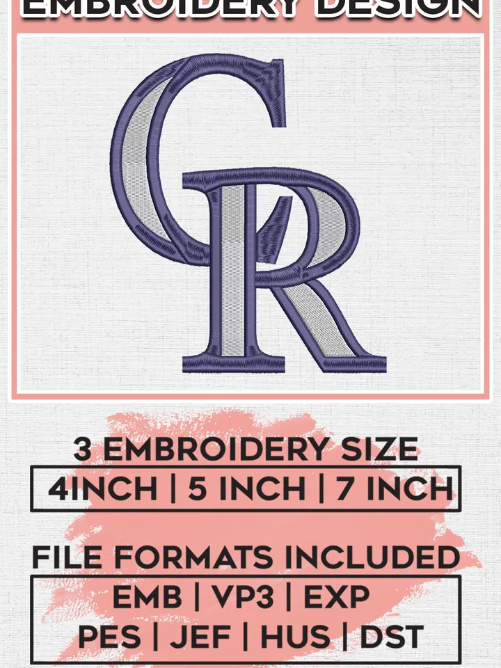 MLB Colorado Rockies CR Team Logo Embroidery Design, MLB Colorado Rockies Embroidery files, Baseball Team, Rockies Design, Digital Download