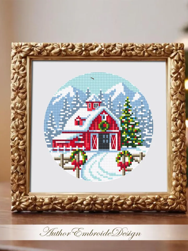 Christmas farm barn cross stitch pattern PDF download Winter mountain landscape cross stitch, Christmas pattern digital PDF, Red house #N171