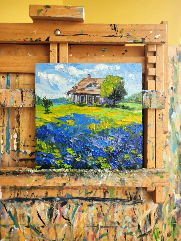 Texas Bluebonnet Painting Old Barn Painting Original Impasto Oil Painting 8x8 Texas Wildflower Countryside Painting Farm Wall Art Home Decor