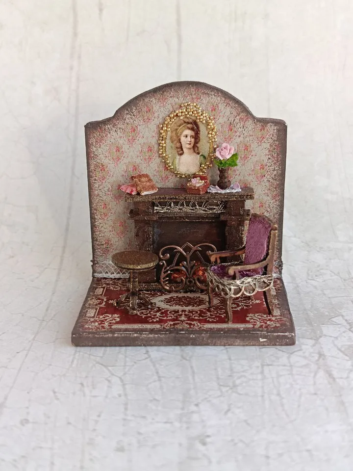 Miniature Fireplace Room Roombox is a 1/48 scale miniature dollhouse with a shimmering fireplace, furniture and accessories