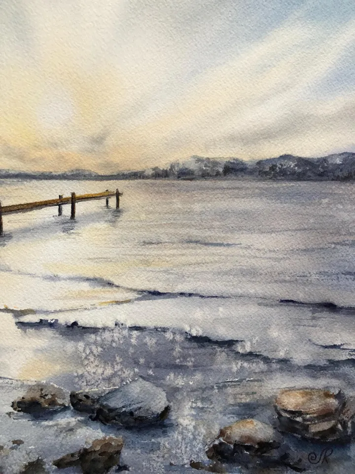 Landscape Original Watercolor Painting Sunset Art Lake Painting