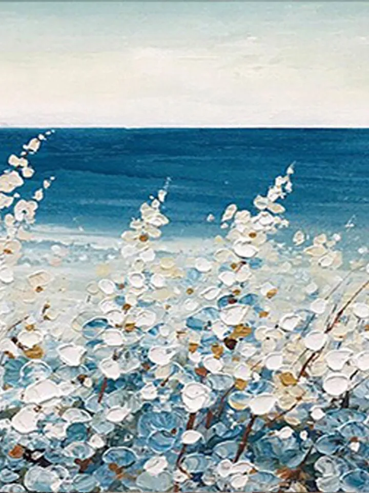 Original Flower Oil Painting On Canvas, Abstract Blud Sea Painting, Boho wall décor, Living Room Wall Art, Heavy Textured Impasto Painting